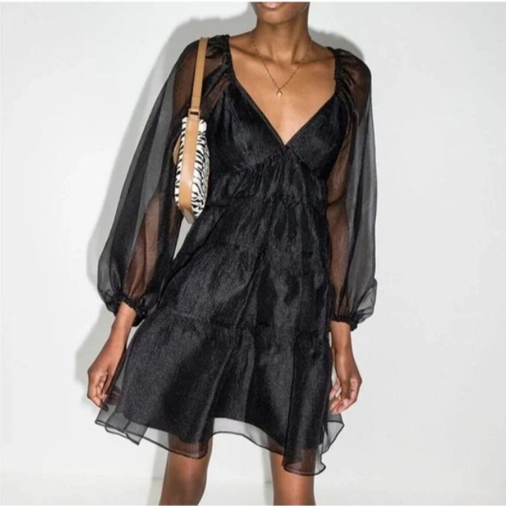 STAUD Black Sheer Long-Sleeve Mini Dress